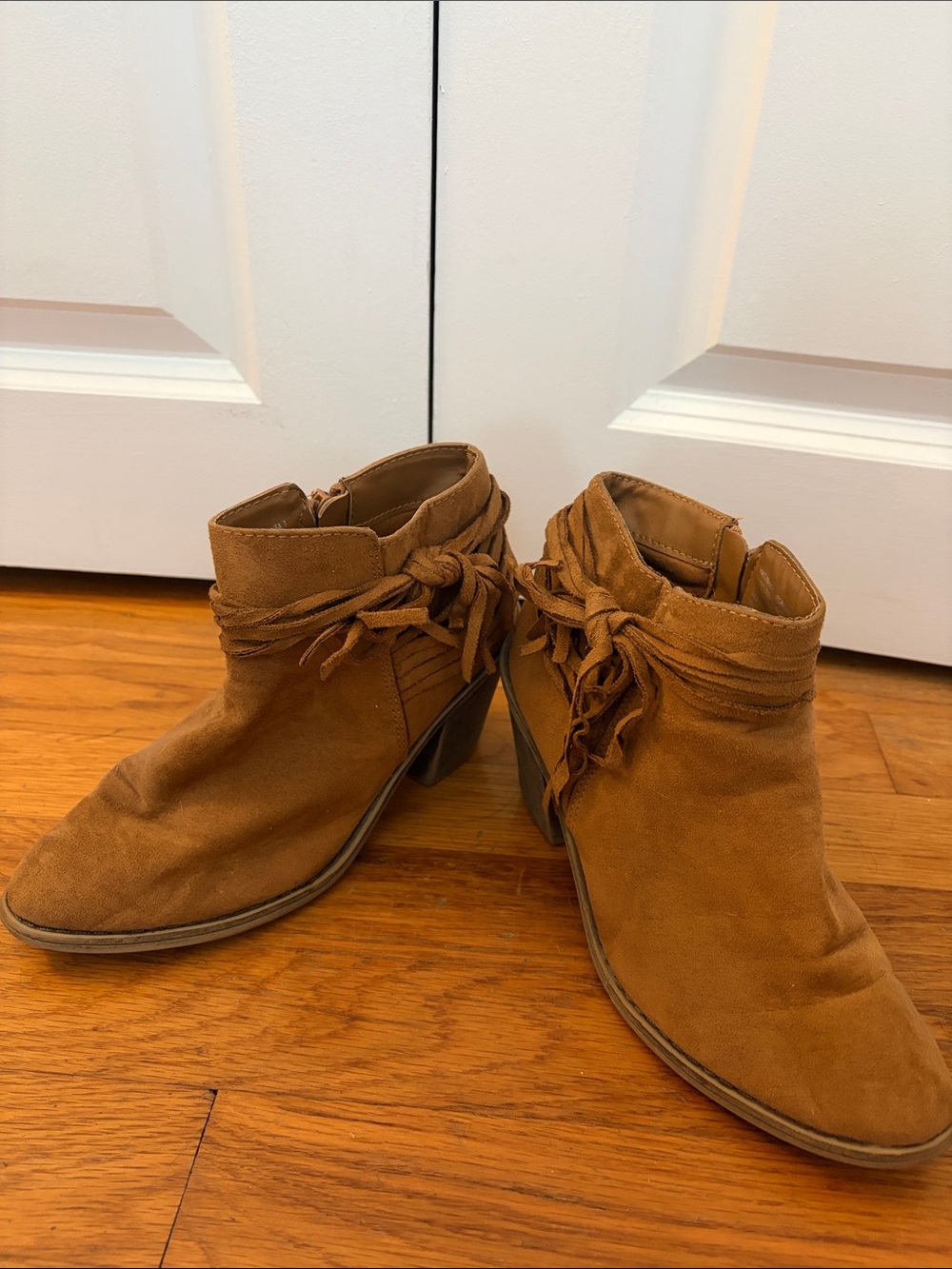 Time and Tru Suede Ankle Booties in Cognac Brown